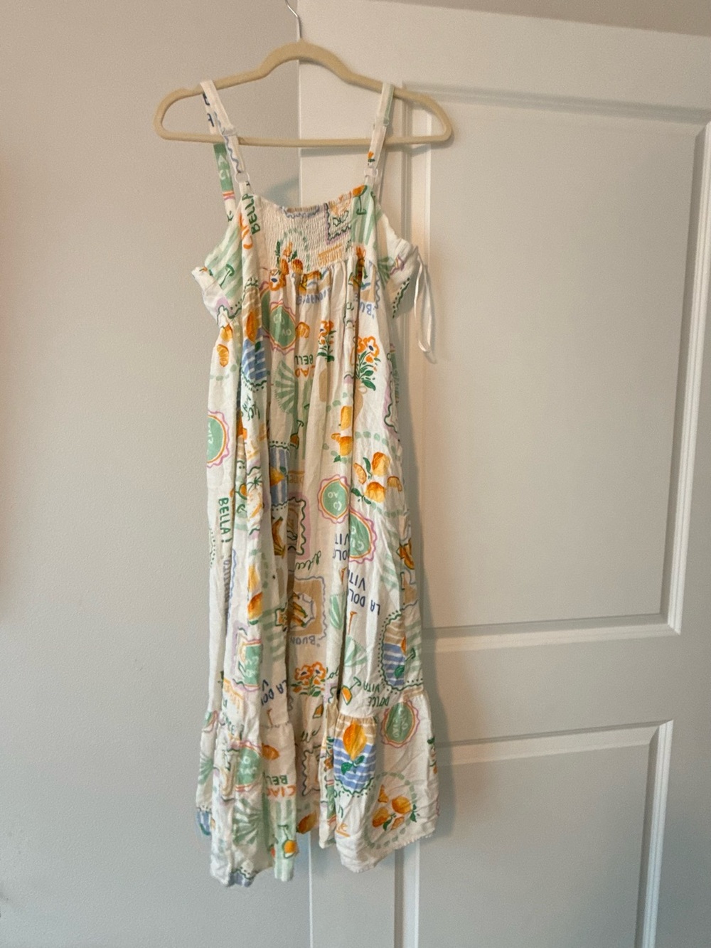 White Printed Maxi Dress with Pastel Citrus & Shell Motif - Picture 9 of 9